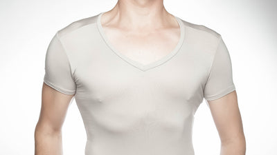 Picture of a man wearing a Chester v neck undershirt in heather grey