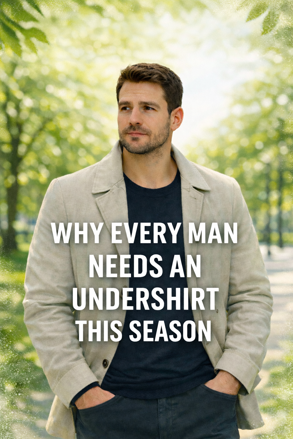 Man standing outdoors with text overlay about undershirts