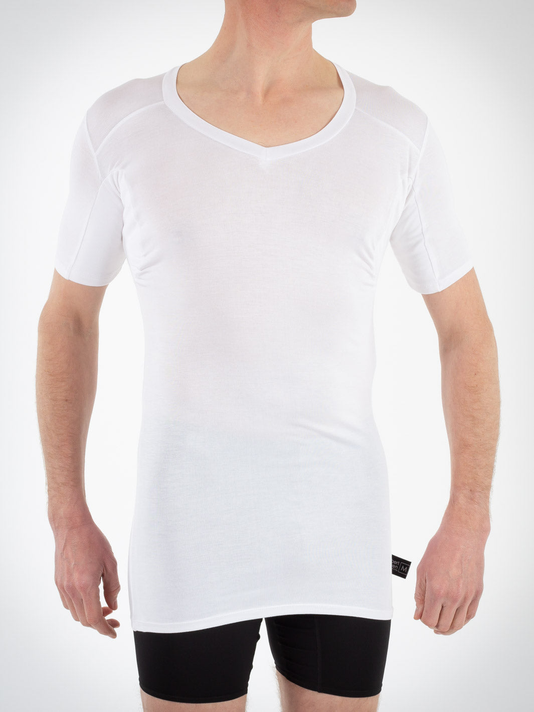 Picture of front of Sweat Protect Undershirt in white showing deep v neck