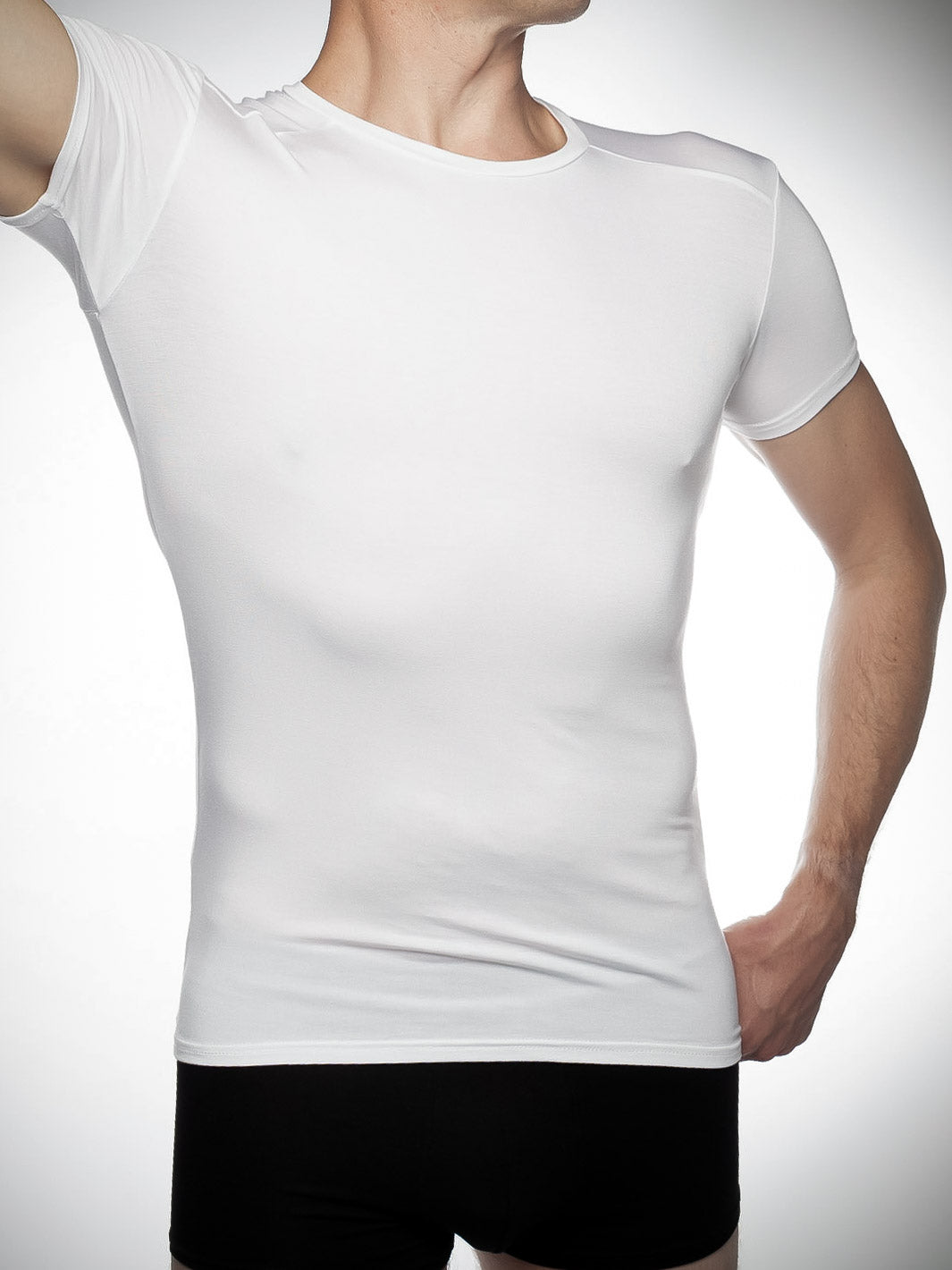 Men's undershirt with crew neck in white bamboo - side view showing underarm