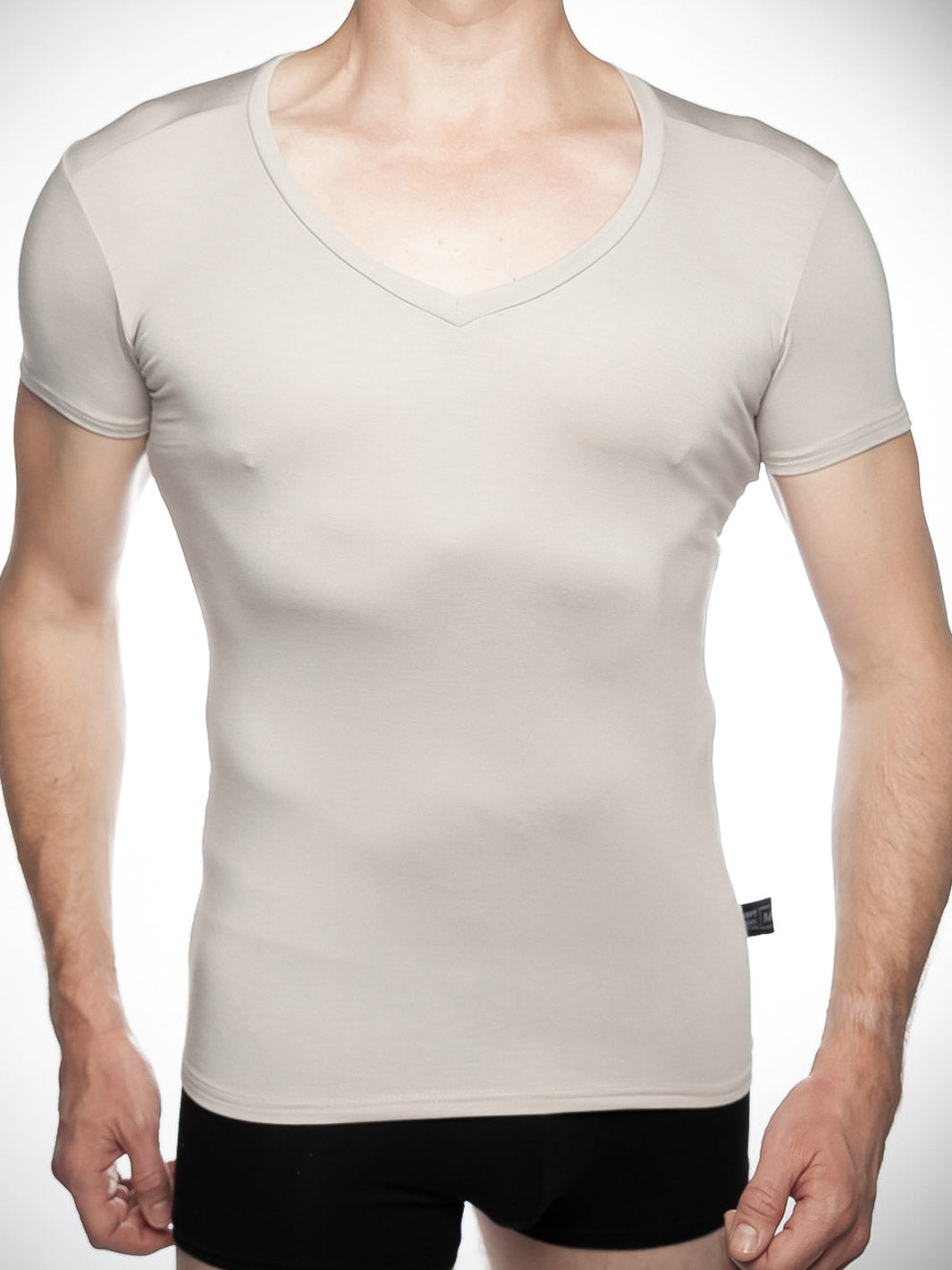 Deep v-neck undershirt in heather grey bamboo fabric - front view