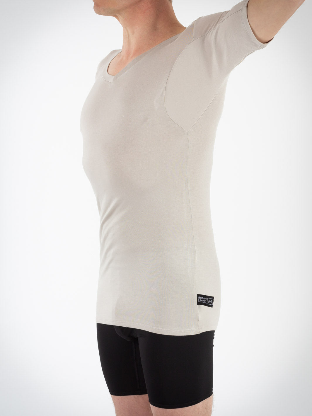 Picture of sweat protect undershirt in grey showing the triple underarm sweat blocking layers